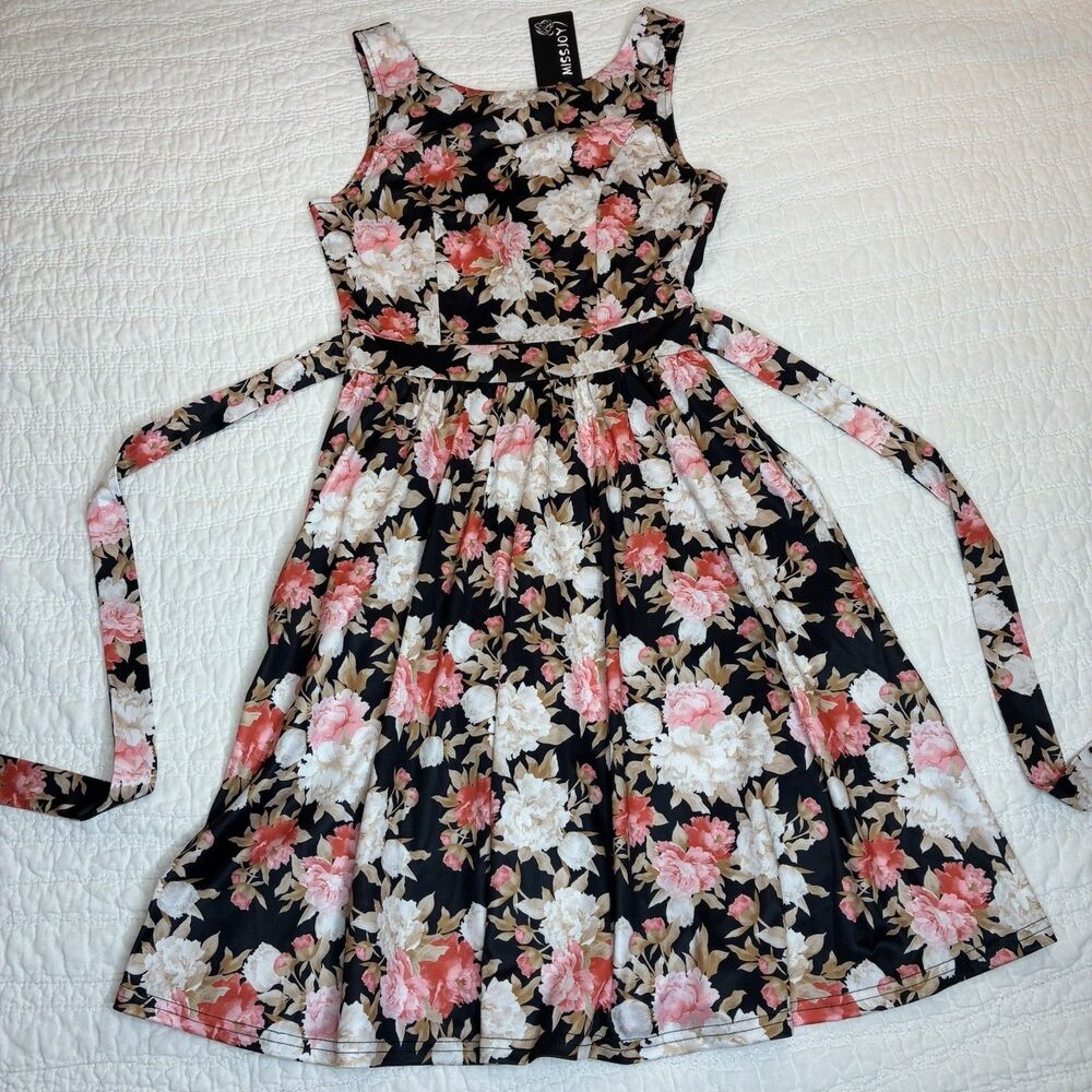 NEW Missjoy sleeveless floral swing dress Sz S rockabilly cottage wedding guest